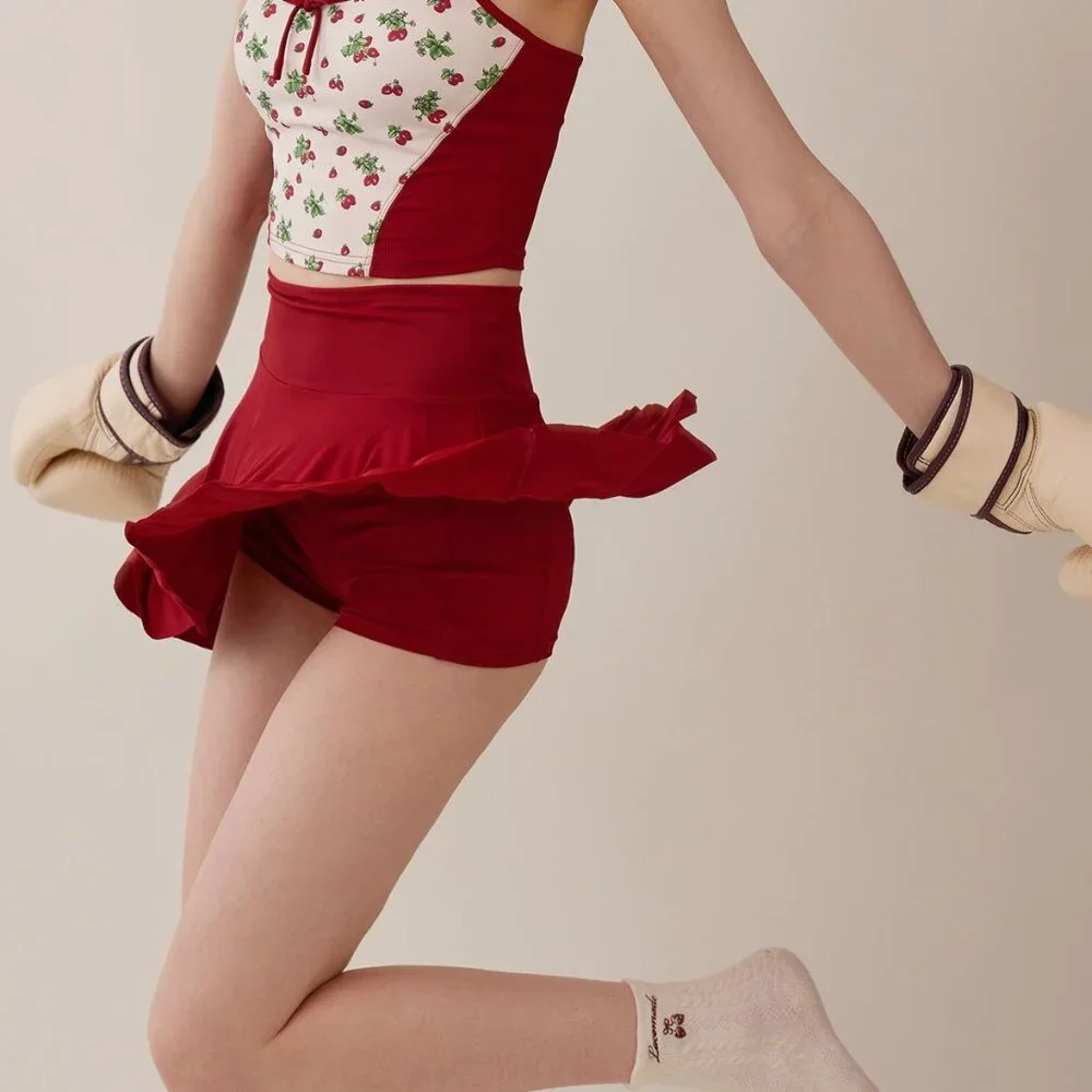 Asymmetrical Red Skirt with Shorts - Picture 3 of 8